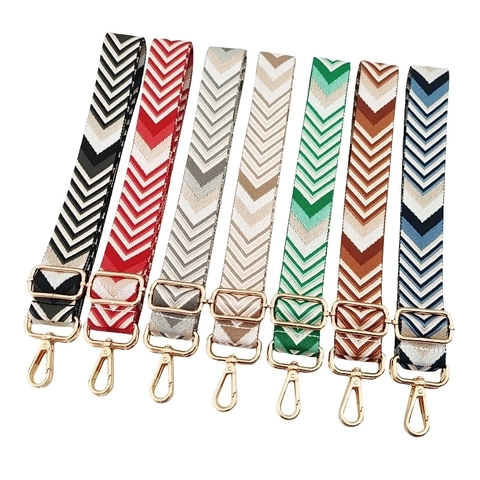 Adjustable Wide Bag Strap Polyester Cotton Chevron Pattern Ethnic Replacement Crossbody Shoulder Handbag Alloy Metal Hook