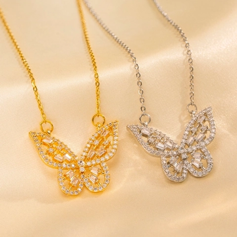 Schmetterling Anhänger Halskette Edelstahl Zirkonia Hohlform Schlüsselbein Kette Elegante Süße Schmuck Für Damen