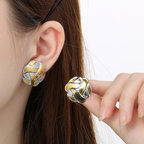 Pendientes De Botón De Acero Inoxidable Geométricos Redondos Textura Tejida Diseño De Nudo Acolchado Joyas De Moda Para Mujer