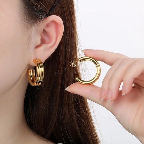 Pendientes De Aro En C Para Mujer Triple Capa Geométricos Nervados Chunky Joyería Moda Accesorio Tendencia