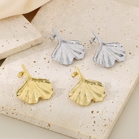 Pendientes de Botón de Acero de Titanio con Hoja de Ginkgo y Flor para Mujer Moda Pendientes de Metal Oro Plata
