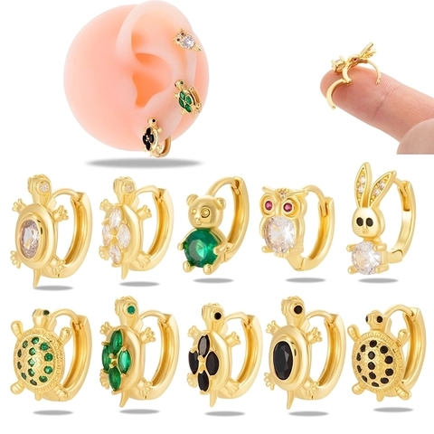 Pendientes Piercing Cartílago Animal Huggie Hoop Cobre Chapado Oro Circonita Tortuga Búho Conejo Joyería Moda Mujer