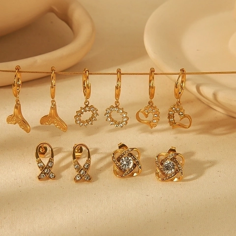 Ins Style Minimalist Stainless Steel Rhinestone Stud Earrings 18K Gold Plated Heart Fish Tail Geometric Earrings For Women