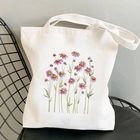 Florale Canvas Tragetasche Für Damen Ästhetische Blumen Druck Wiederverwendbare Shopping Schulterhandtasche Lässig