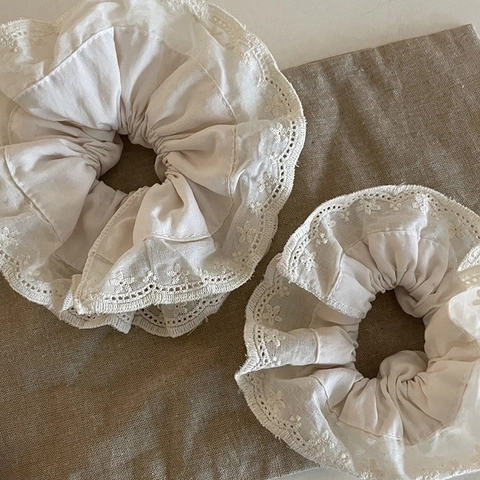 Vintage Lace Double Layer Scrunchies French Style Cream Floral Embroidery Elastic Hair Ties Ponytail Holder For Women