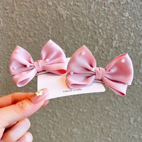 Cute Bow Hair Clips Satin Fabric Ribbon With Faux Artificial Pearl Accents Handmade Princess Style For Kids Girls Sweet Hairpins