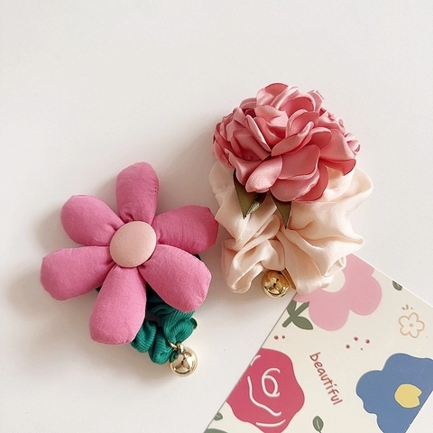 Kids Flower Hair Tie Satin Large Pink Rose Scrunchie French Rural Style With Golden Bell Decoration For Girls