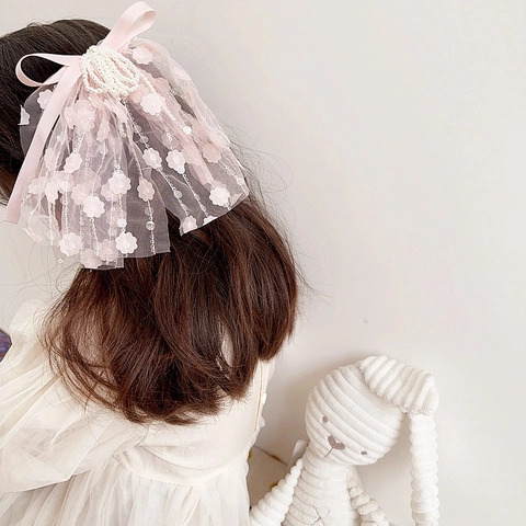 Pinzas Para El Pelo Niñas Lazo Rosa Encaje Malla Perla Artificial Bordado Floral Cinta Larga Accesorios Cabello Para Niñas