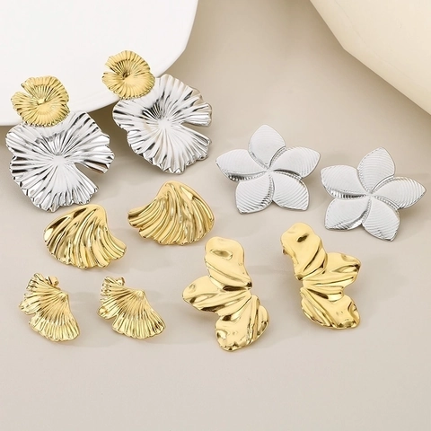 Flower Ginkgo Leaf Shell Stud Earrings Stainless Steel 18K Gold Plated Exaggerated Fashion Statement Jewelry For Women