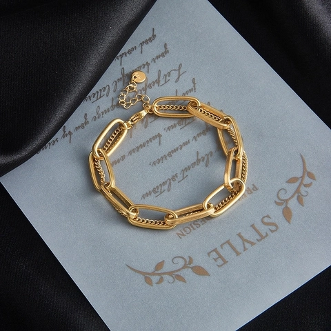 Vintage Double Layer Stainless Steel Chain Bracelet For Women Gold Plated Paperclip Curb Chain Adjustable Stackable Jewelry