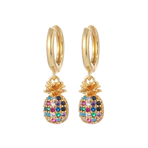 Bohemian Multi-color Zirconia Huggie Drop Earrings For Women Gold Plated Copper Pineapple Cactus Beetle Cross Pattern Jewelry
