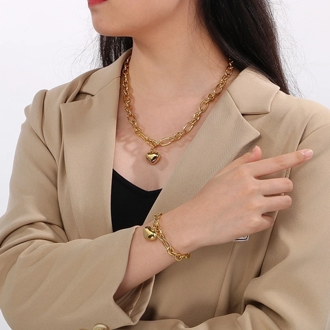 Set di Gioielli a Cuore in Acciaio Inossidabile per Donna Collana e Bracciale a Catena a Maglie Ovali Oro Argento Accessori