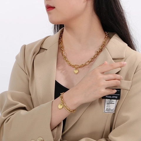 Collar Y Pulsera De Acero Inoxidable Con Colgante De Corazón Joyería Bañada En Oro De 18K Cadena De Eslabones Ovalados Moda Mujer