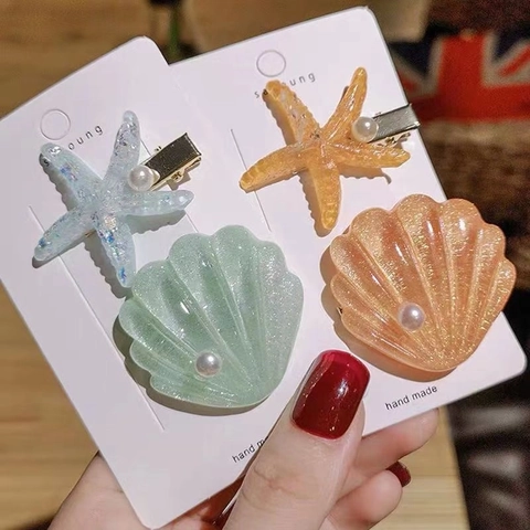 Pinza Para El Pelo Estrella De Mar Concha Y Clip Lateral Resina Con Perla Artificial Brillo Dulce Accesorio Mujeres Niñas