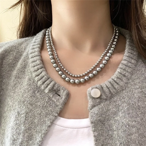 Franse Vintage Grijze Kunstparel Halsketting Voor Dames Roestvrij Staal Ronde Parels Sleutelbeenketting Moederdag Sieraden Cadeau