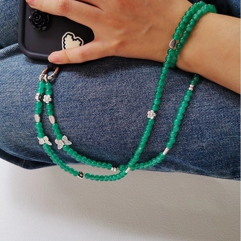 Catena Cellulare Tracolla Collana Perline Verde Smeraldo Ciondoli Farfalla Lega Stile Cinese Retrò Elegante Accessorio Multifunzionale Donna