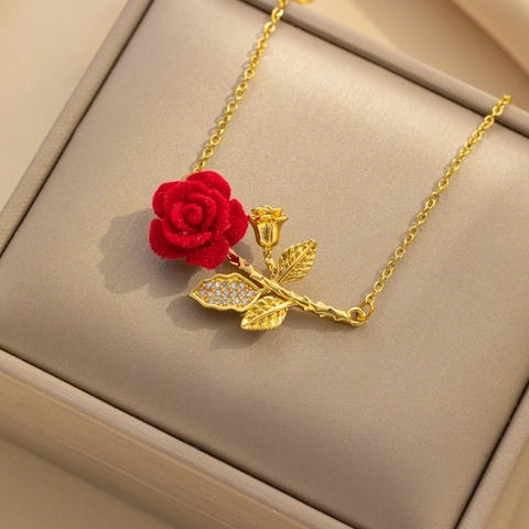 Collana Con Pendente Fiore Di Rosa Acciaio Inossidabile Zircone Floreale Floccato Romantico Francese Catena Clavicola Per Donne