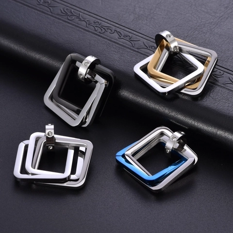 Hip Hop Double Interlocking Square Pendant Necklace Titanium Steel With Rhinestone Geometric Jewelry For Men Women