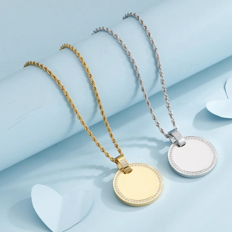 Round Pendant Necklace Stainless Steel With Rhinestones Inlaid Circle Mirror Surface Rope Chain Minimalist Jewelry Women