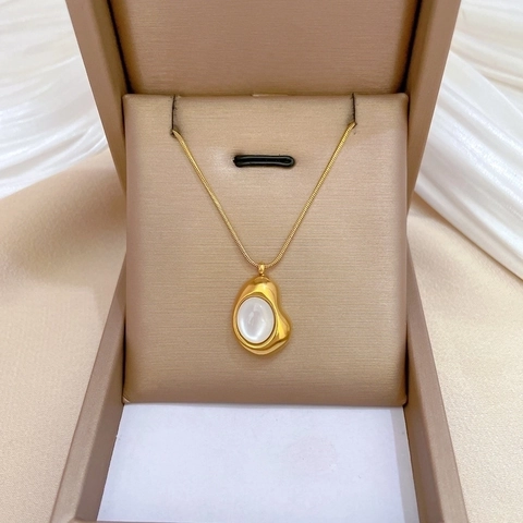 Collar Minimalista De Acero De Titanio Con Colgante Irregular Piedra De Ojo De Gato Blanca Para Mujer Cadena De Serpiente