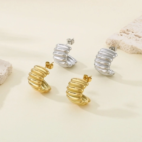 Pendientes De Botón De Acero Inoxidable En Forma De C Para Mujer Diseño De Croissant Rayado Vintage Joyería Tono Dorado