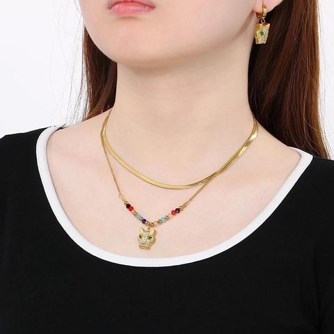Collana E Orecchini Con Pendente A Testa Di Pantera In Acciaio Inossidabile Placcato Oro 18K Catena Doppio Strato Perline