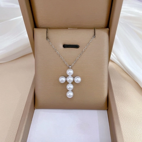 Collana Con Ciondolo A Croce In Acciaio Al Titanio Con Perla Artificial Imitazione Minimalista Catena Per Clavicola Gioielli Da Donna