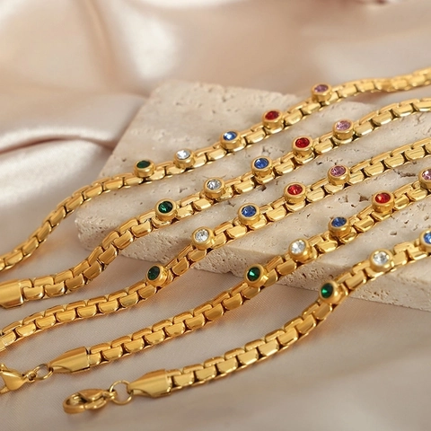 Bracciale Zirconia Colorata Acciaio Titanio Catena Geometrica Minimalista Gioielli Moda Lusso Per Donne