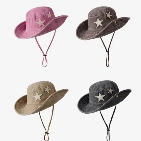Cappello da Cowboy Occidentale da Donna in Cotone Lavato Protezione Solare Con Toppa a Stella Cordino Antivento Vintage Outdoor
