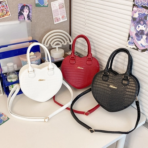 Borsa A Tracolla Donna Forma Cuore Pelle PU Trama Coccodrillo Moda Borsa A Mano Manico Superiore Decoro Metallo Oro