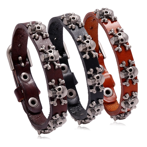 Bracciale In Pelle Con Teschio E Ossa Incrociate In Lega Stile Punk Rock Fibbia Per Cintura Regolabile Per Uomo Donna