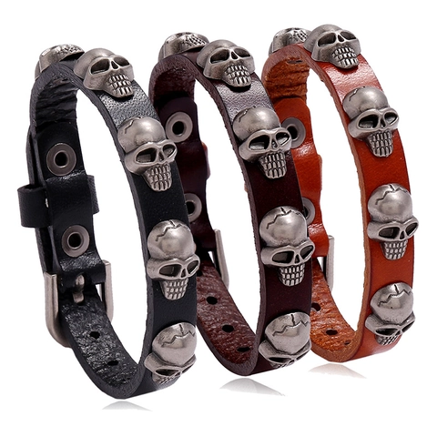 Vintage Punk Skull Head Cowhide Δερμάτινο Βραχιόλι Ρυθμιζόμενη Πόρπη Από Κράμα Gothic Rock Κοσμήματα Για Άνδρες Γυναίκες
