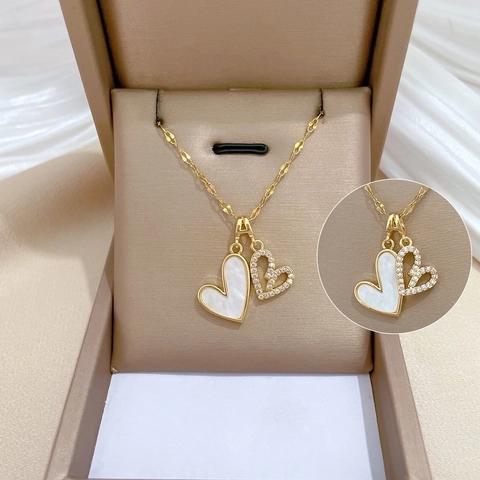 Elegant Double Heart Pendant Necklace For Women Stainless Steel Gold Plated Full Rhinestone Clavicle Chain Jewelry Gift