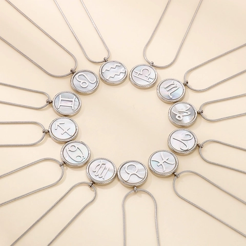 Halskette Aus Edelstahl Mit Rundem Sternzeichen-Anhänger Für Damen Muschel-Inlay Minimalistische Schlangenkette Schmuck Jungfrau Widder Waage