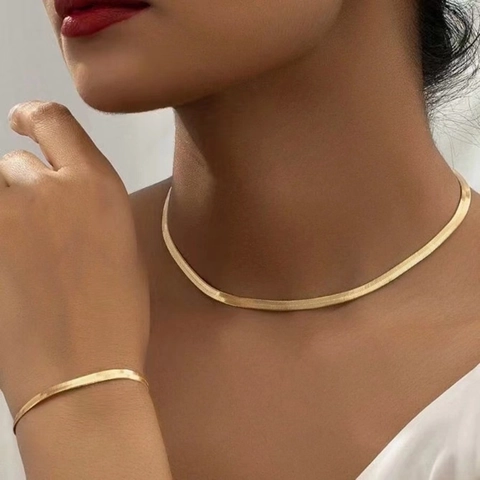 Collana Bracciale Catena Piatta Lisca Di Pesce Acciaio Inossidabile Gioielli Minimalisti Donna Accessorio Versatile