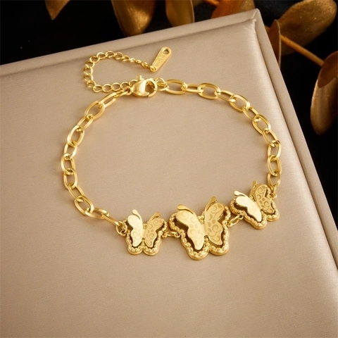 Bracciale A Catena Con Farfalla Placcato Oro Acciaio Inossidabile Inciso Cavo Elegante Gioielli Retro Per Donna