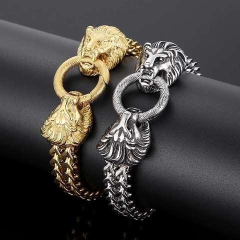Lion Head Chain Bracelet Stainless Steel Hip Hop Punk Heavy Woven Jewelry For Men Bold Gothic Style Accessories