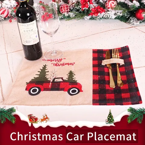 Christmas Burlap Placemats With Cutlery Pocket Embroidery Red Truck Gnome Buffalo Plaid Rustic Farmhouse Holiday Table Decor