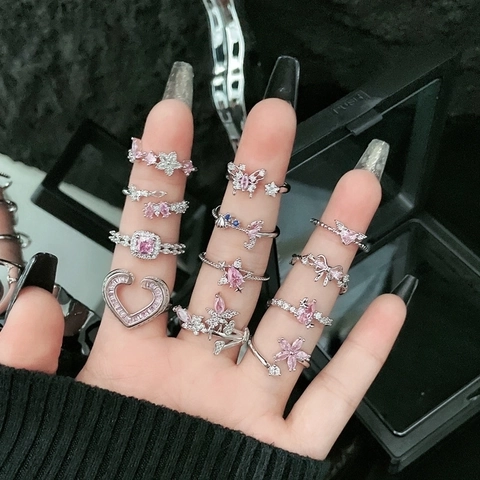Adjustable Copper Open Rings For Women Pink Zirconia Butterfly Heart Star Flower Bow Irregular Fashion Jewelry