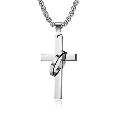 Stainless Steel Cross Ring Pendant Necklace Polished Mirror Finish Jewelry Fashion Men Women Religious Style