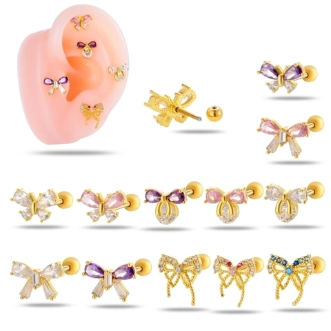 Pendientes de Botón con Lazo de Mariposa Incrustados de Circonia Poste de Acero Inoxidable Joyería Piercing de Cartílago