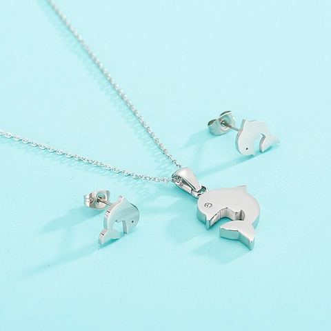 Dolphin Pendant Necklace And Stud Earrings 316L Stainless Steel Cubic Zirconia Minimalist Cute Style Women