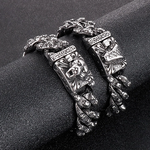 Retro Titanium Steel Animal Head Bracelet For Men Vintage Heavy Chunky Chain Punk Gothic Viking Lion Wolf Tiger Snake