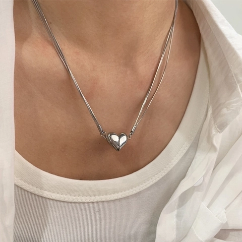 Edelstahl Herz Anhänger Halskette Doppellagige Schlangenkette Spiegelpoliert Minimalistischer Eleganter Schmuck Damen