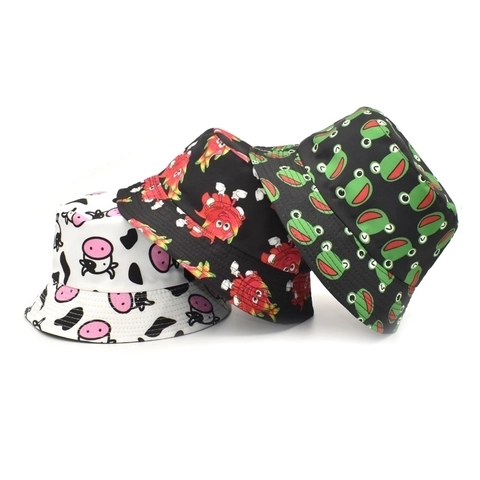 Cappello Alla Pescatora Con Stampa Rana Mucca Frutta Cotone Traspirante Protezione Solare Estate Donna Uomo