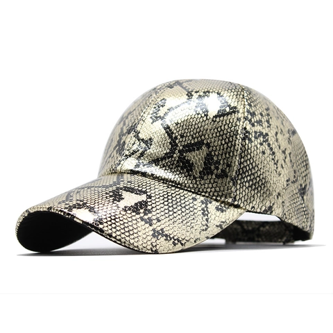 Snakeskin Pattern Baseball Cap Metallic PU Leather Adjustable Curved Brim Sun Hat Fashion Hip Hop Unisex Streetwear