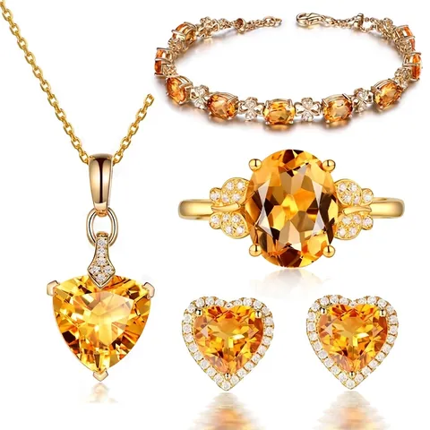 Conjunto Joyas Cristal Citrino Amarillo Corazón Collar Pulsera Anillo Pendientes Cobre Chapado Oro 18K Estrás Elegante Mujeres