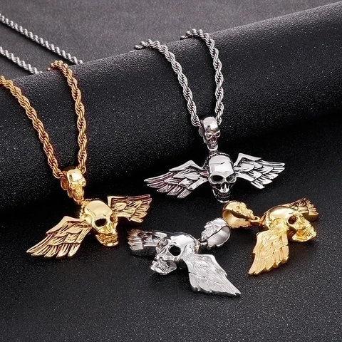 Skull Head Pendant With Wings Stainless Steel Punk Hip Hop Gothic Jewelry For Men Retro Streetwear Accessory