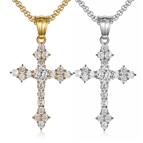 Collana Con Ciondolo A Croce Hip Hop Acciaio Al Titanio Zirconia Placcato Oro Sottovuoto Gioielli Alla Moda Per Uomo