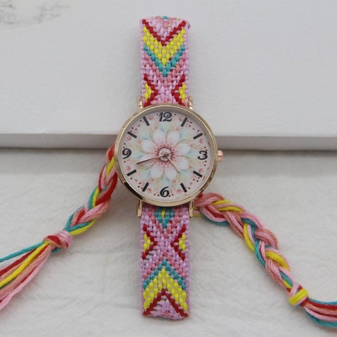 Women's Bohemian Woven Rope Watch Ethnic Mandala Floral Dial Quartz Wristwatch Gold Case Handmade Braided Tassel Strap Watch
